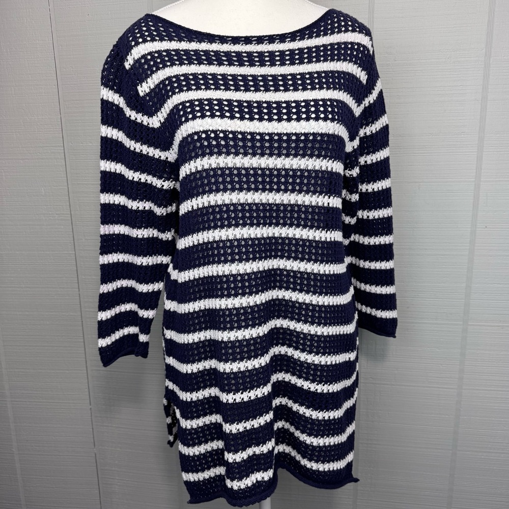 Jeanne Pierre Open Knit Blue White Stripe Tunic Sweater 3/4 Sleeves Nautical